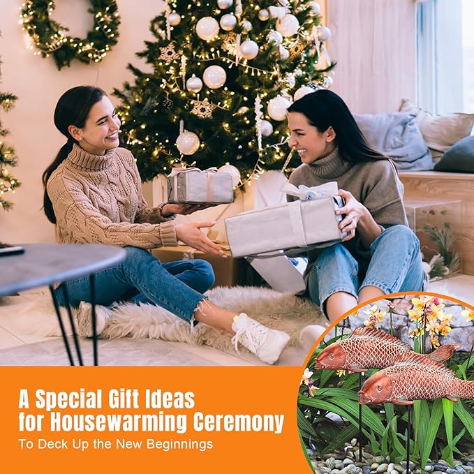 Koi Fish Decor Garden Sculptures & Statues, Outdoor Antique Copper Fish Statues Pond Zen Garden Decor Patio Backyard Lawn Porch Yard Art Decoration, Best Gift for Mother's Day, Set of 2, Large