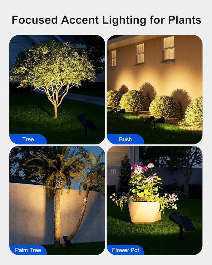 2 Pack Solar Spotlights Outdoor Waterproof for Flag, Tree, Statue, Wooden Sign, Plant Pot, Bright LED Outside Landscape Flood Lamp for Decoration Uplighting Yard, Garden, House, Walkway, Ground, Fence