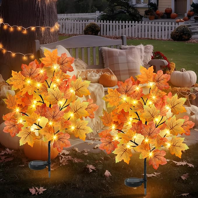 TORONTOKYO 2 Pack Fall Solar Outdoor Lights, Fall Decor 40 LED Maple Leaves Solar Stake Light with 8 Modes, Waterproof Fall Garden Lights Thanksgiving Decorations for Autumn Yard Pathway Outside