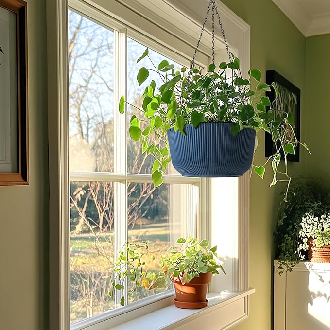 T4U 12 Inch Large Hanging Planters for Outdoor Plants, 2 Pack Self Watering Hanging Pots Indoor, Hanging Baskets for Plants,Hanging Flower Pot with Drainage Hole and Plant Hanger, Blue