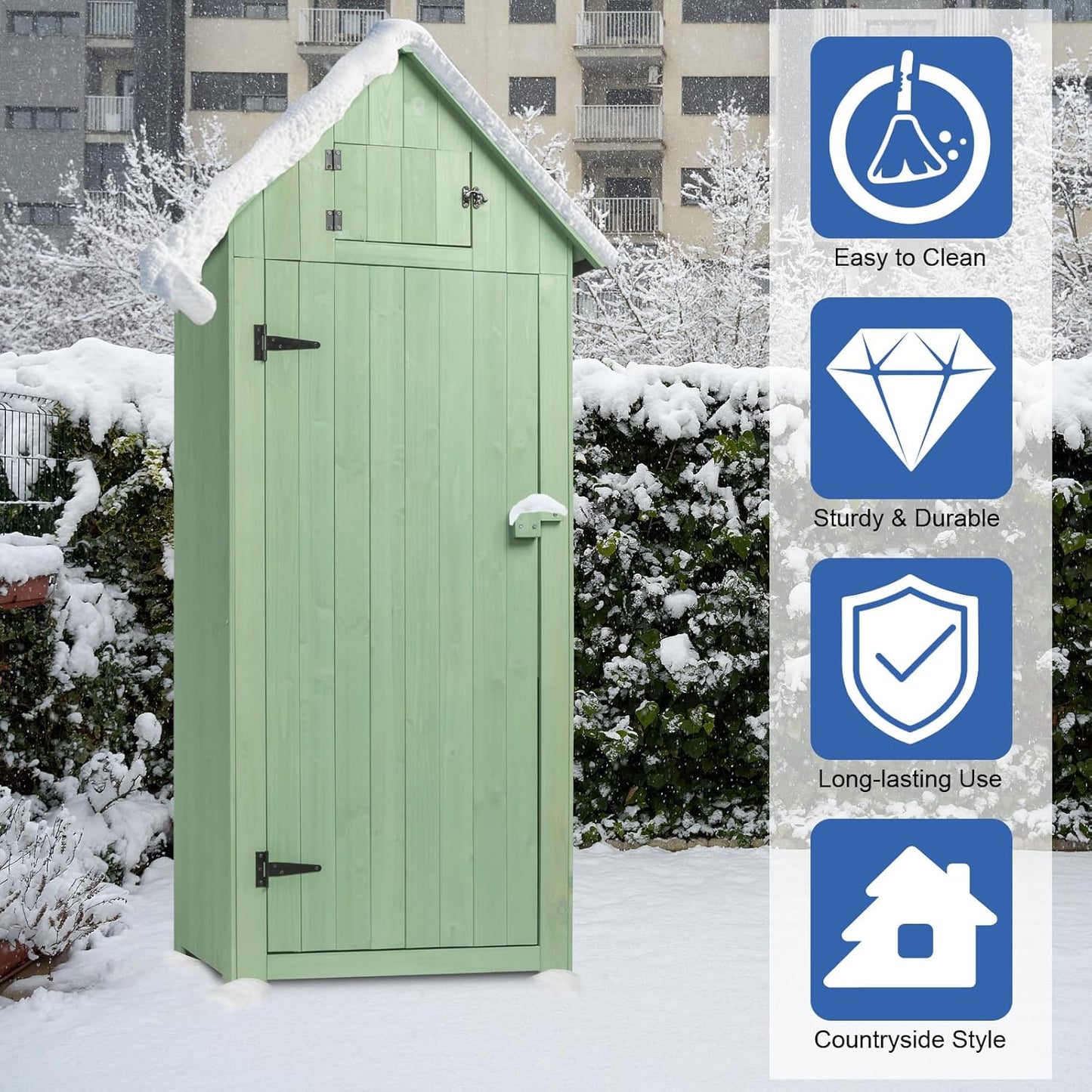 Outvita Outdoor Storage Cabinet, 70in Wooden Vertical Garden Tools Shed, Patio Storage Organizer with Latch & Waterproof Roof for Yard Deck Lawn Farmland Equipment(Green)