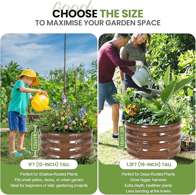 G GOOD GAIN Round Raised Garden Bed - 2Pcs 2x2x1.3ft Galvanized Steel Planter Boxes Outdoor with Rubber Edge Trim | Metal Raised Beds for Gardening Vegetables Flowers Fruits Herbs (Wood Grain)