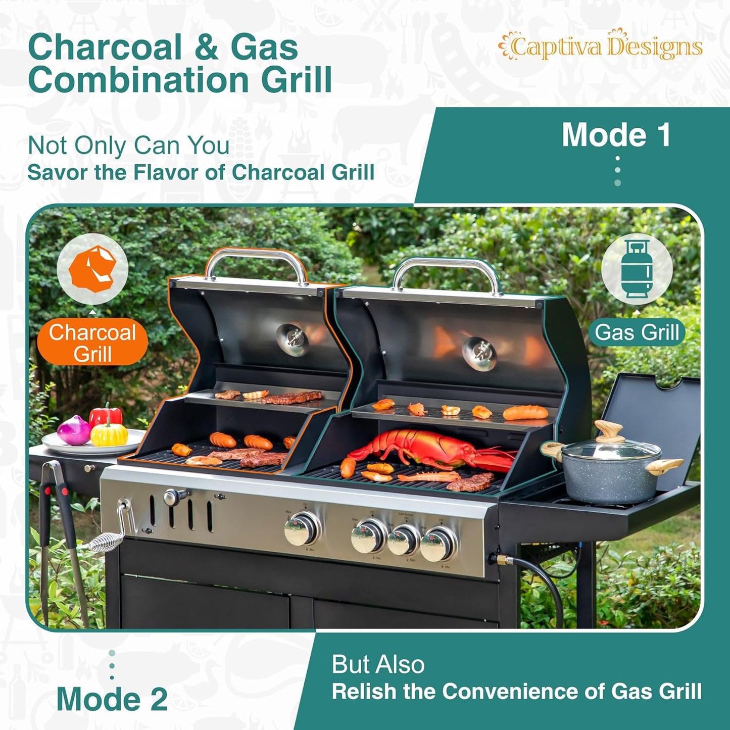 Captiva Designs Propane Gas Grill and Charcoal Grill Combo with Side Burner & Porcelain-Enameled Cast Iron Grate, Dual Fuel BBQ Grill for Outdoor Events & Backyard Barbecue, 690 SQIN Cooking Area