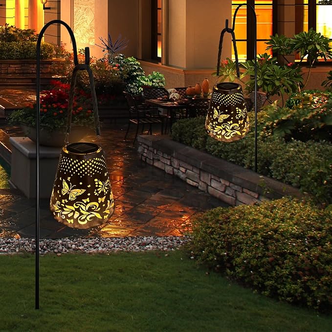 Butterfly Solar Lanterns Outdoor Waterproof, Garden Decor Gifts for Women Mom Grandma Hanging Solar Lights Hollowed-Out Metal Solar Decoration Outside for Patio, Yard, Pathway, Front Porch(1 Pack)