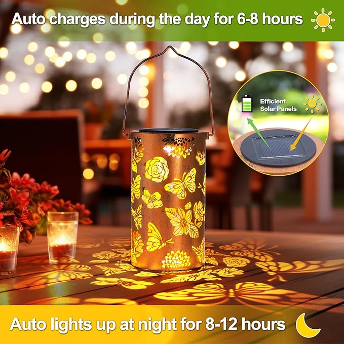 Mothers Day Gifts, 2 Pack Butterfly Solar Lanterns Outdoor Hanging Lantern Lights, Flower Pattern Waterproof LED Garden Decorative Light for Patio Yard Pathway Lawn Front Porch Tree