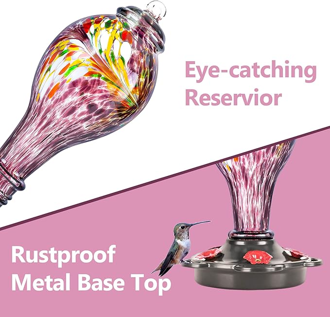 LUJII Hand Blown Glass Hummingbird Feeder for Outdoors Hanging with Ant Guard, 25 fl.oz, Leak Proof & Rustproof, Metal Base with 5 Feeding Ports & 5 Perches, Unique Garden & Backyard Decor (Purple)