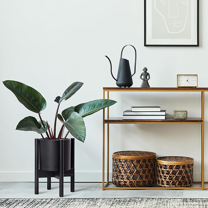 D'vine Dev Planter Pot with Stand - 8 Inch Plastic Cylinder Flower Pot with Wood Planter Holder for Indoor, Matte Black Pot + Ebony Stand, 55-C-K-2