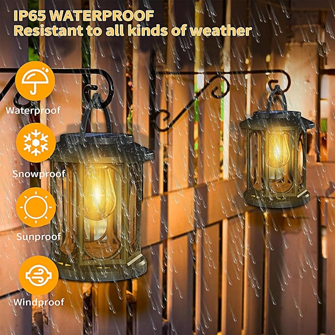 Solar Lanterns Outdoor Waterproof,Hanging Solar Lights for Outside with Built-in Bulb,Outdoor Lantern Decor for Porch,Patio,Garden,Suitable for Daily Lighting or Festive Decoration,2 Pack