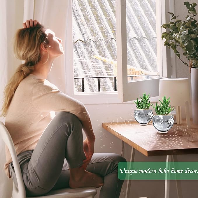 moonoom 2 Pcs Hanging Disco Ball Planter - 4Inch Sliver Disco Mirror Ball Planter with Chain - Home Boho Hanging Planter for Indoor Outdoor Plants