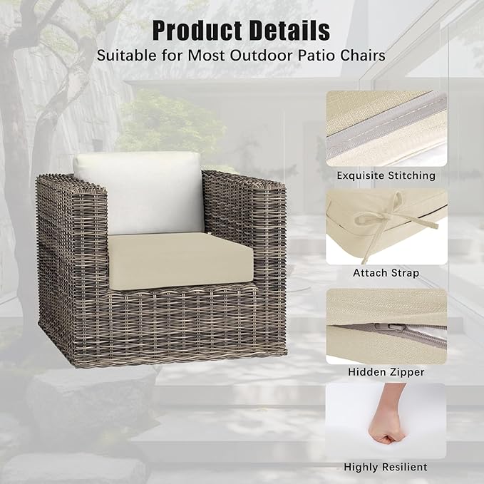 Favoyard Outdoor Chair Cushion 24 x 24 x 4 Inch Rainproof & 3-Year Fade Resistant Patio Furniture Cushions with Removable Cover and Adjustable Ties for Garden Sofa Couch Pads Set of 2, Beige
