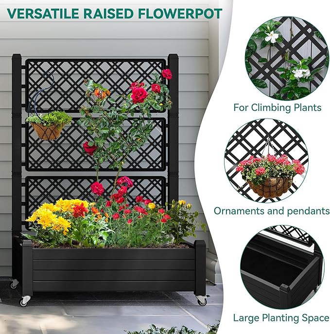 YITAHOME 43.3x17.7x61 in Planter Trellis Box with Wheels & Drain Plug, Outdoor Resin Raised Garden Bed for Climbing Plants, Large Weather-Resistant Design, Black
