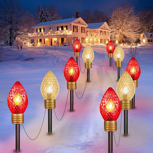 2 Pack Jumbo C9 Christmas Pathway Lights Outdoor - 8.5 Feet 5 C9 Walkway Lights, C7 Covered Jumbo Strawberry Red Bulb Christmas Decorations for Lawn Outside