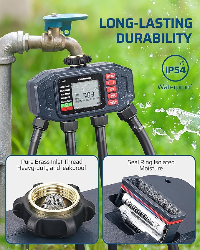 DEWENWlLS Sprinkler Timer, 4 Zone, Outdoor Faucet lrigation, Rain Delay & Manual, Programmable Water Hose Timer for Holiday, Garden, Lawn, Vegetable Gardening, Potted Flowers