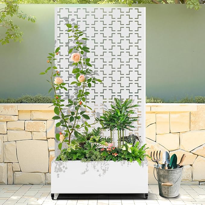 Raised Garden Bed with Trellis and Wheels,73"x35"x16" Metal Raised Garden Bed,White Squared Metal Planter with Climbing Trellis for Vines & Vegetables