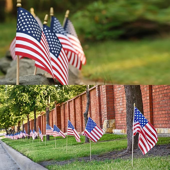 150pcs Small American Flags on Stick, Handheld 8 x 5.5 Inchs Mini American Flags with Kid-Safe Golden Spear Top, US Flags for 4th of July Decorations Outdoor, Independence Day Decorations