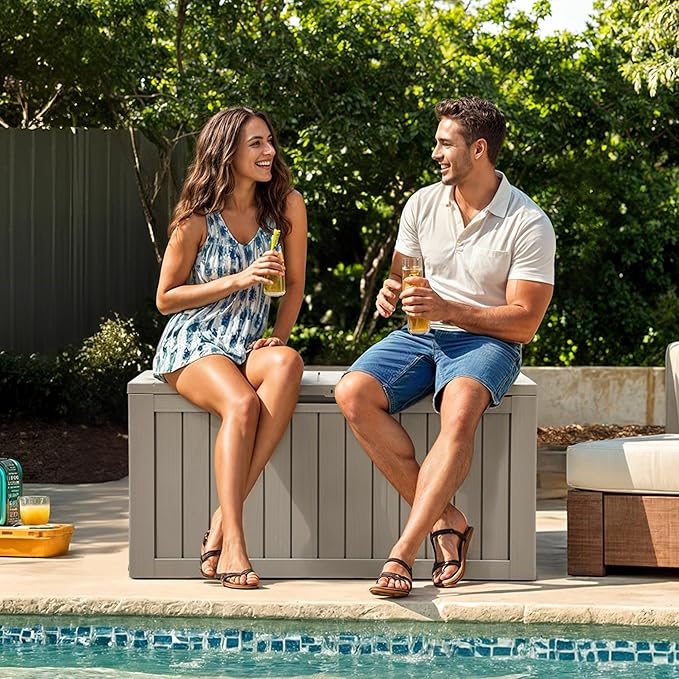 YITAHOME 72 Gallon Outdoor Resin Deck Box with Wheels, Pool Storage Box for Outdoor Cushions, Sports Equipment, Garden Tools, Light Brown