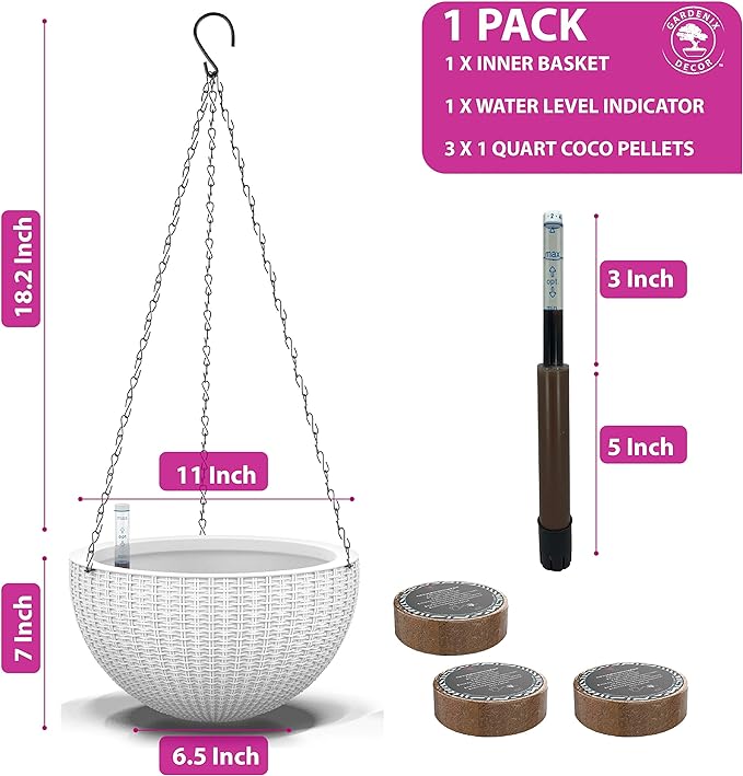 GARDENIX DECOR 11'' Self Watering Hanging planters for Indoor Plants - Flower Pot with Water Level Indicator for Plants, Hanging pots - Self Watering Planter Plant Pot-Coco Coir- Round 1 Pack - White