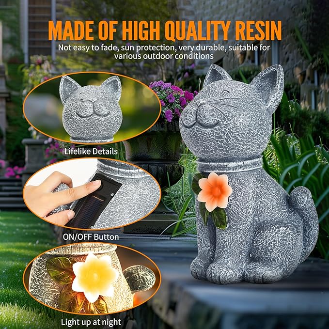 Solar Garden Statue Cat Figurine - Solar Cat Outdoor Statues, Waterproof Resin Cat Sculpture for Yard, Patio, Lawn, and Garden Decoration for Garden Mom Grandma