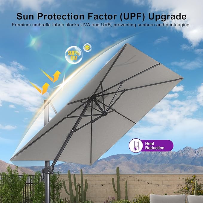 PURPLE LEAF 8 FT Cantilever Patio Umbrella Outdoor Aluminum Offset Square Umbrella with 3 Years Fade Resistance Recycled Fabric and 360-degree Rotation for Deck Pool Garden, Pebble Grey