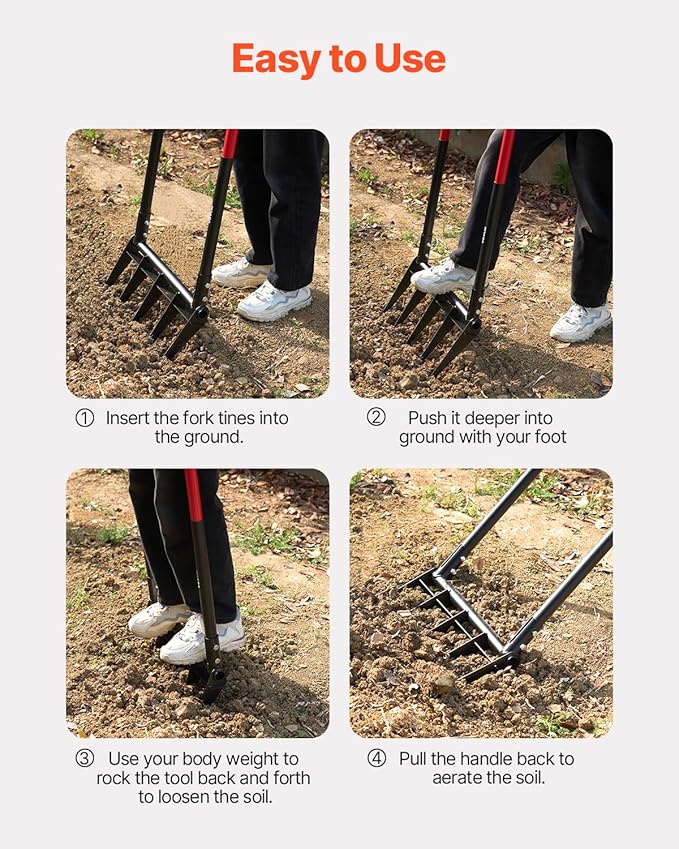 VEVOR Broad Fork, 5-Tine Pitchfork with Dual Fiberglass Handles, Heavy Duty Garden Fork, Ergonomic U-Shaped Design Broadfork Hand Tiller, Gardening Tool for Composting Transplanting Aeration