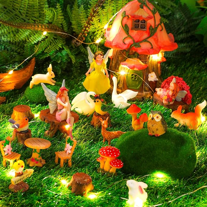 Soaoo Fairy House Garden Figurines Kit Spring Garden Decor Easter Basket Decoration Spring Decoration Outdoor Wildflower Butterfly Fairy Mushroom Party Supplies Micro Landscape Ornaments