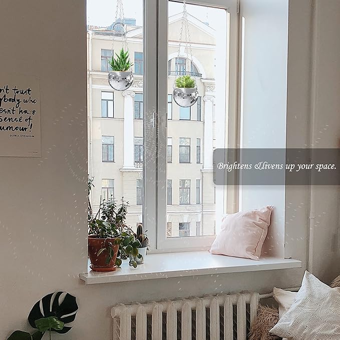 moonoom 2 Pcs Hanging Disco Ball Planter - 4Inch Sliver Disco Mirror Ball Planter with Chain - Home Boho Hanging Planter for Indoor Outdoor Plants