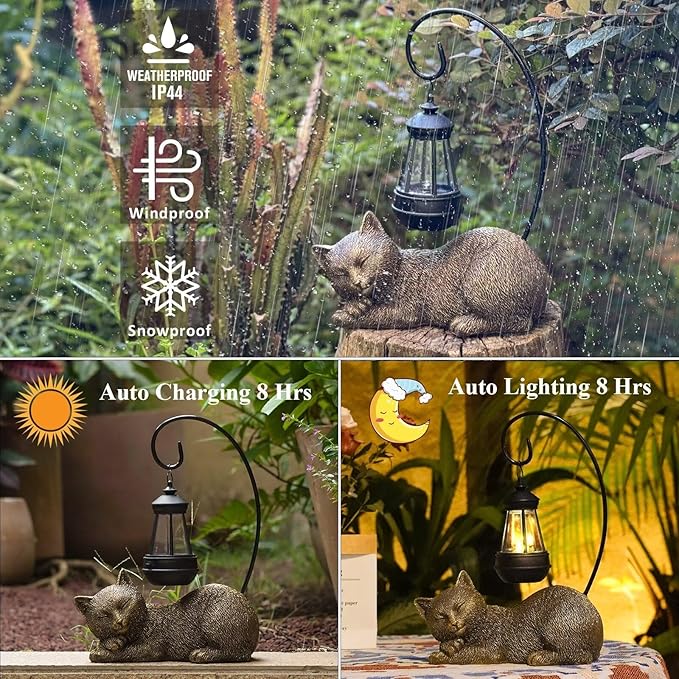 Resin Cat Statue with Solar Lantern, Eye-catching Garden Sculpture & Lawn Decor, 13" Height Outdoor Cat Figurine for Garden Yard Patio Porch Decorations, Cat Statues Outside Ornament