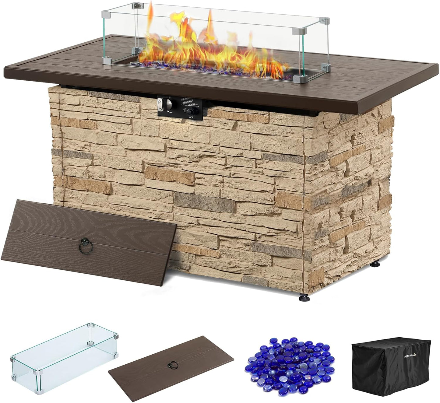 43¡± Propane Fire Pit Table Outdoor Rectangular Stone Firepit Table 50,000 Btu Propane Fire Tables for Outside Patio with Glass Wind Guard, Lid, Fire Glass Beads,Buff Rock Look