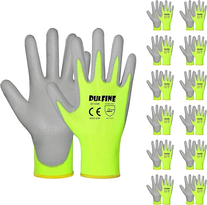 DULFINE Safety Work Gloves for Men PU Coated 12 Pairs Bulk Pack,Hi-Vis Yellow Seamless Knit Glove with thin Polyurethane Coated Smooth Grip on Palm & Fingers, Ideal for General Duty Work (Large)