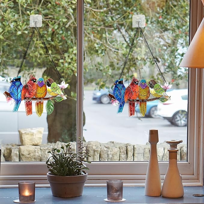 2 Pack Stained Glass Window Hanging - Hummingbird Decorations Suncatcher Hand-Painted Double Sided Birds on A Branch Sun Catcher for Window Home Decor Gifts for Mom,Bird Lovers