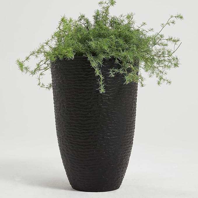 Worth Garden 21" H Tall Planters 2 Pack - 14'' Dia Resin Large Round Black Flower Pots for Outdoor Plants Trees - Imitation Stone Finish Plastic Indoor Front Porch 9 Gallon Decorative Container Patio