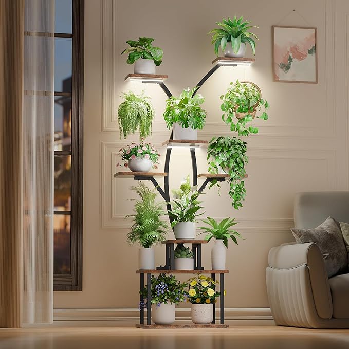 64.8" Tall Plant Stand Indoor with Grow Lights, 7 Tiered Metal Corner Plant Shelf Display Rack for Indoor Plants, Large Flower Holder Stand for Living room, Patio, Bedroom