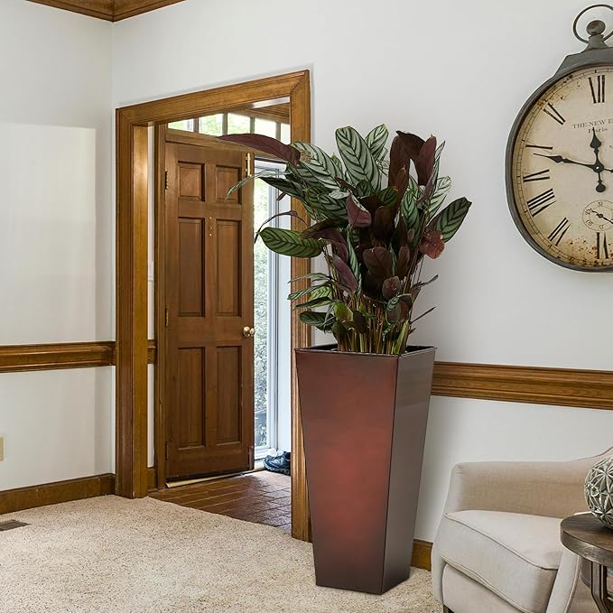 WORTH Garden 28" Large Metal Glazed Planter Set of 2, Luxurious Glossy Finish Red Tall Square Tapered Steel Plant Pots, Decor Flower Pot Indoor & Outdoor, Drainage Hole & Dual-Purpose Plant Saucer