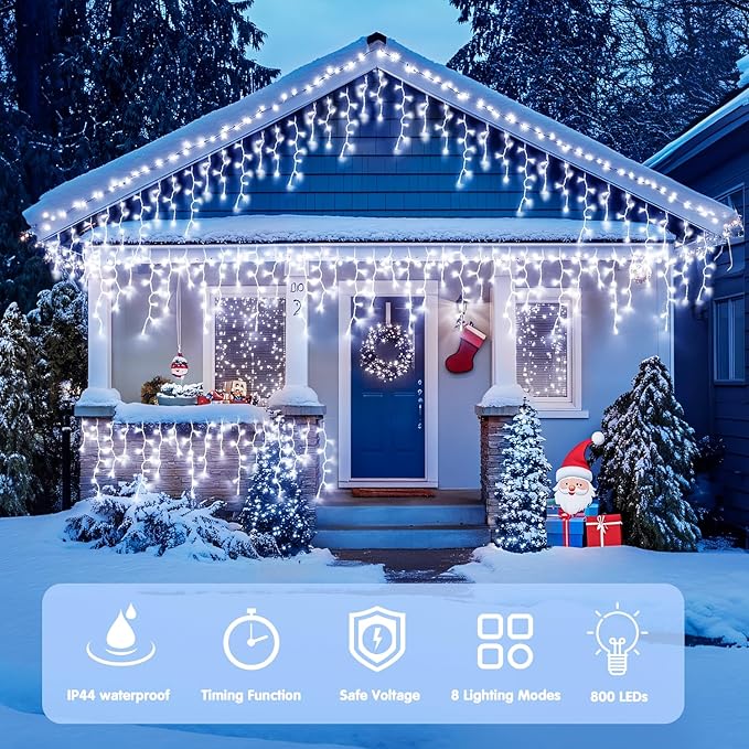 JMEXSUSS Christmas Icicle Lights for Outside: 800 LED White Icicle Lights Outdoor Waterproof - White Christmas String Lights for House Wedding Party Christmas Decoration