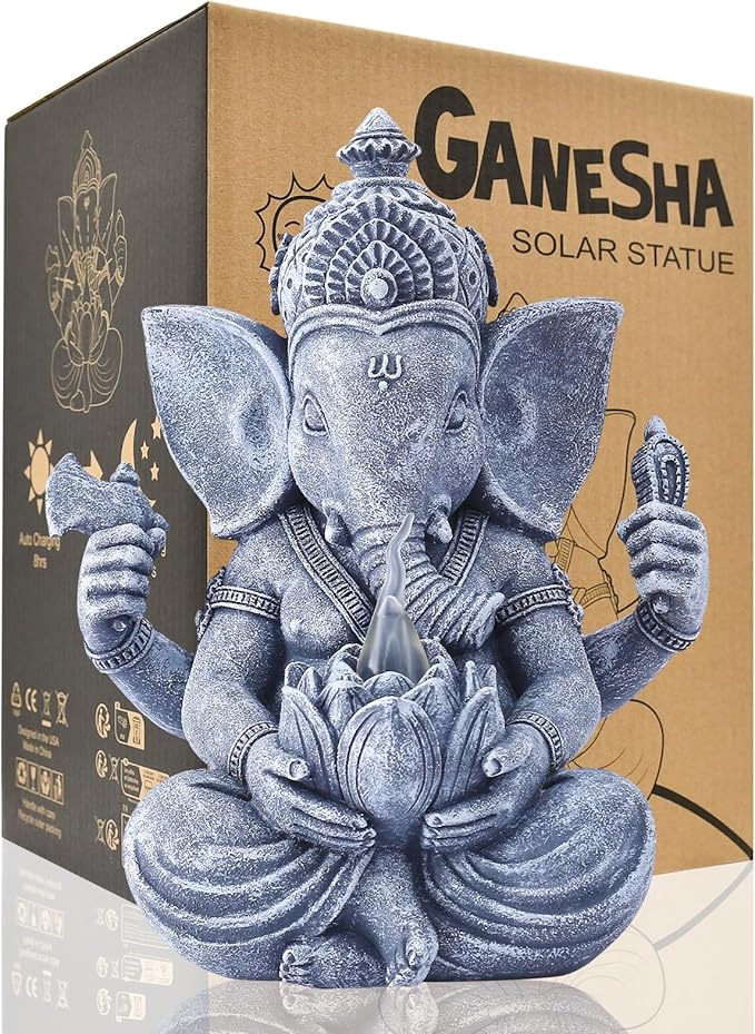 Goodeco Ganesha Statue with Solar Lotus - Hindu Elephant Statue Ganpati Idol Buddha Sculptures, Meditation Yoga Room & Garden Decor, 7.8 inches Tall (Ganesha)