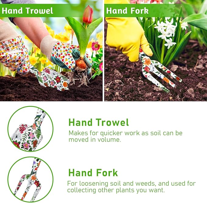 Garden Tool Set, 4 PCS Heavy Gardening Kit Heavy Duty Floral Hand Tools, Fancy Gifts for Women, Including Trowel, Sharp Pruner, Hand Rake, and Mat (White Set)