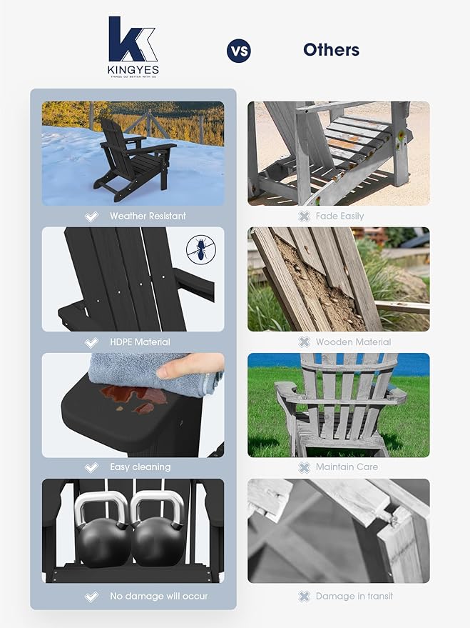 KINGYES Folding Adirondack Chair Set of 6, Dual Cup Holders & All-Weather HDPE, Wood-Like Patio Chair for Backyard, Camping, Pool & Fire Pit, Black