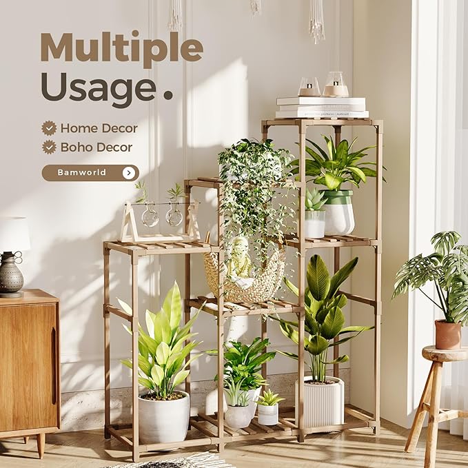Bamworld Tall Plant Stand Indoor Wood Plant Shelf Outdoor Tiered Plant Rack for Multiple Plants 5 Tiers 7 Pots Ladder Plant Holder Plant Table for Plant Pots Gardening Gifts