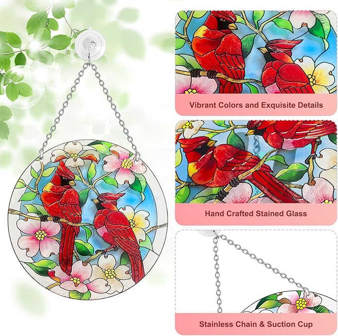 Cardinal Suncatcher Stained Glass, Cardinal Gifts for Women, Stained Glass Window Hanging - Red Birds Suncatchers for Windows, American Glass Hanging, Hand Painted Glass for Birds Lover (6inch)