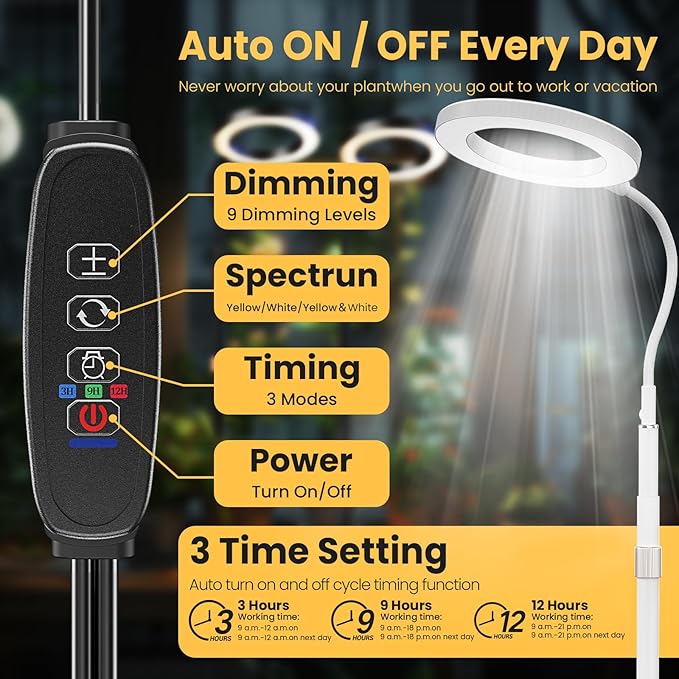 bseah Grow Light, LED Plant Light for Indoor Plants Growing, Full Spectrum Desk Grow Lamp with Pedestal, Automatic Timer for 3H/9H/12H, 10 Dimmable Levels (White)