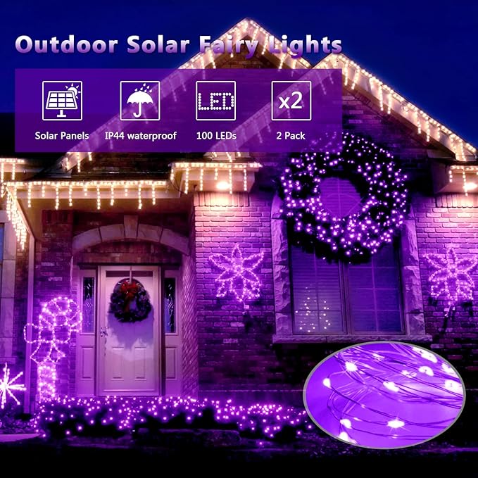 JMEXSUSS 2 Pack Purple Solar Christmas Lights, 33ft 100 LED Purple Solar Lights Outdoor, Waterproof 8 Modes Purple Fairy Lights for Outside Tree Garden Patio Christmas Halloween Decorations
