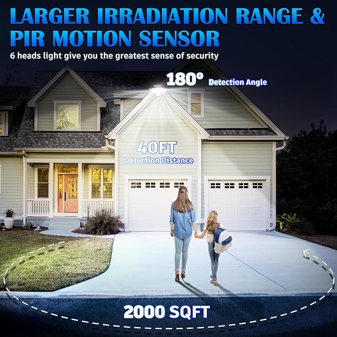 Solar Motion Sensor Flood Lights Outdoor - 496LEDs 3500LM 3 Lighting Modes 3 Levels Brightness, 6 Heads 360° Illumination, IP65 Solar Security Lights,for Porch Yard Patio Garage(2 Packs)