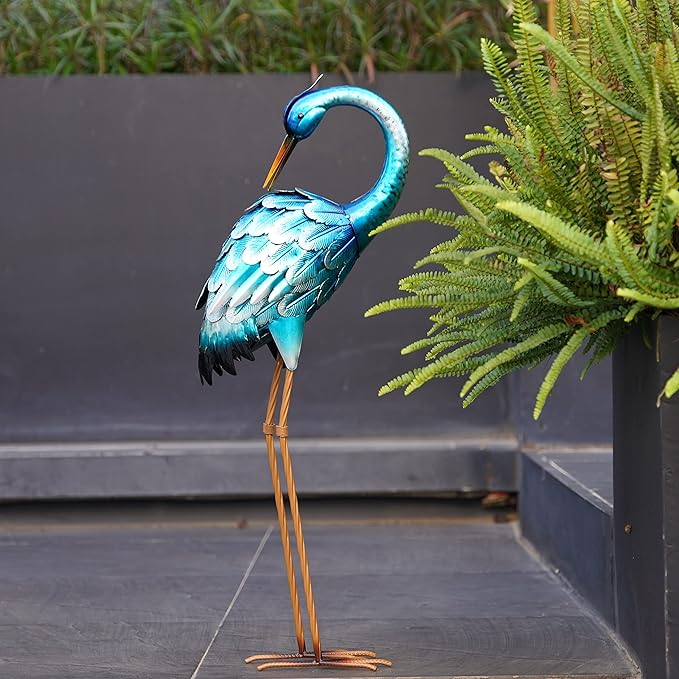 chisheen Metal Crane Garden Statue, Blue Heron Sculpture Yard Art, Large Heron Decoy, Bird Statues, Lawn Ornaments for Backyard Pond Patio Porch Outside Decorations