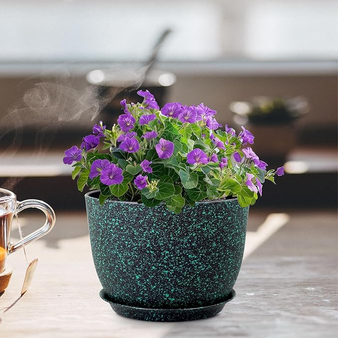 12 inch Large Plant Pots, Plastic Planters with Drainage Holes and Saucers, Flower Pots for Indoor Outdoor Plants, Decorative Pots for Garden House Plants, Black with Green Speckles