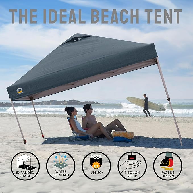 CROWN SHADES 10x10 Pop Up Canopy Tent - Patented Center Lock One Push Instant Outdoor Canopy Beach Tent with STO-N-Go Bag 8 Stakes & 4 Sand Bags，Grid Grey