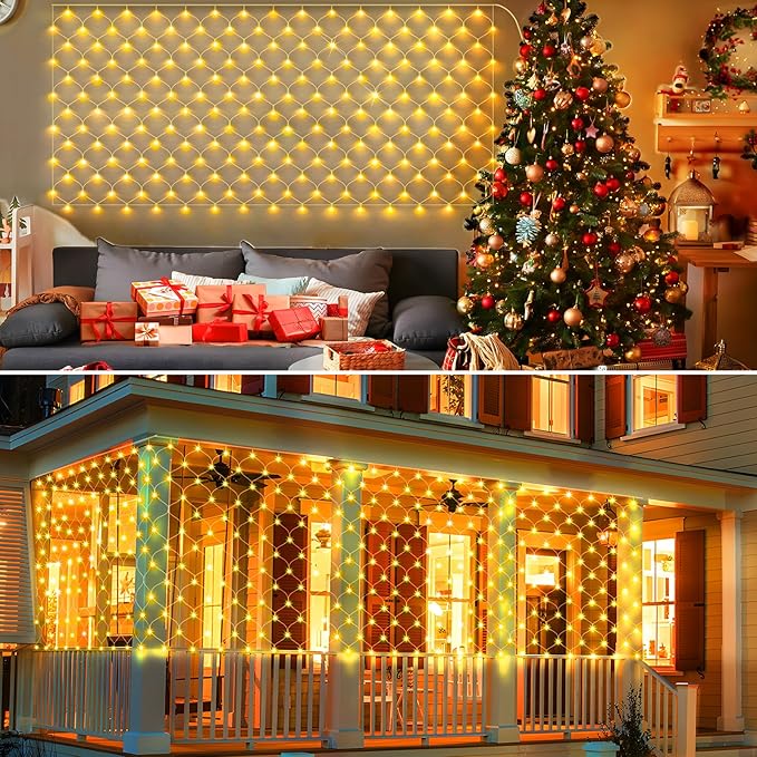 KNONEW 2-Pack 360 LEDs Christmas Net Lights 13ft x 6.6ft Outdoor Mesh Connectable Waterproof 8 Modes & Timer Plug-in Fairy Lights for Bushes Garden Party Wedding Holiday, Warm White