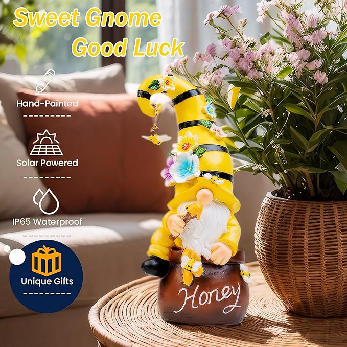 13" Garden Solar Spring Gnomes Statues Outdoor Spring Decor with LED Lighted Bee and Flowers Funny Garden Sculpture for Patio Yard Lawn Decorations Gifts