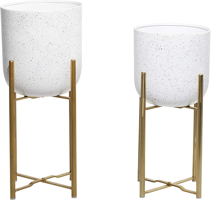 Deco 79 Metal Indoor Outdoor Planter Deep Dome Speckled Large Planter Pot with Gold Stands, Set of 2 Planters 22", 19"H, White