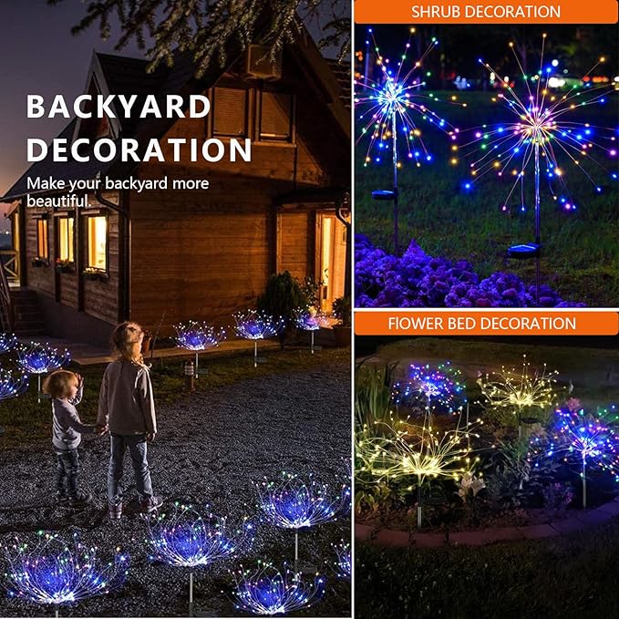 2 Pack Solar Firework Lights 150 LED Create Magical Nights, Waterproof Starburst Fairy Lights for Garden Yard Patio Christmas Romantic Wedding Party Decor(Color)
