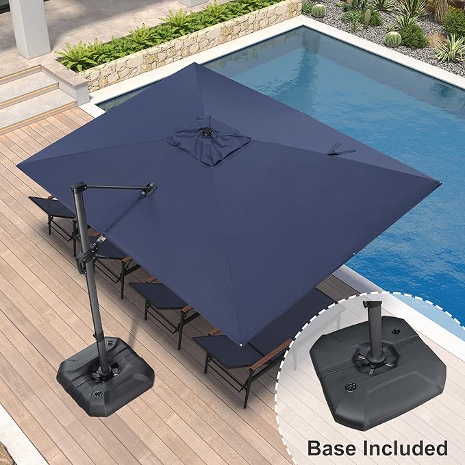 PURPLE LEAF 9' X 11.5' Cantilever Outdoor Rectangle Umbrella Patio Umbrella with Base Offset Umbrella with 360-degree Rotation for Garden Pool Deck Patio Navy Blue